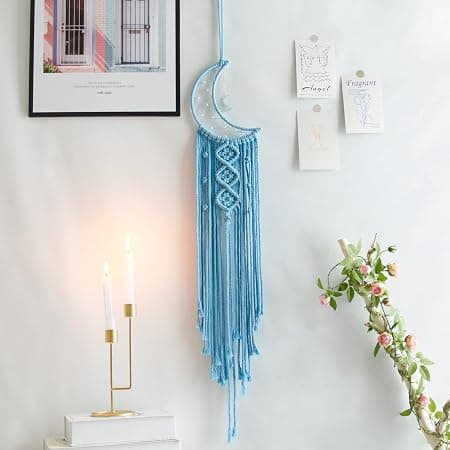 Blå Måne Drömfångare med Ljus, Rumsinredning, Boho Inredning, Vägg