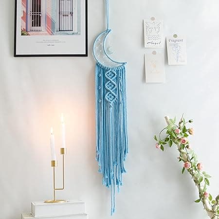 Blå Måne Drømmefanger med Lys, Værelsesindretning, Boho Indretning, Væg