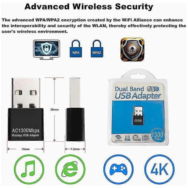 Usb Wifi Adapter til PC, AC1300mbps Trådløs Netværksadapter, 802.11ac med Bånd 2.4ghz/400mbps 5.8g