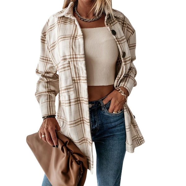 Dame Plaid Shacket Jakke Casual Knapper Uldblend Vinter