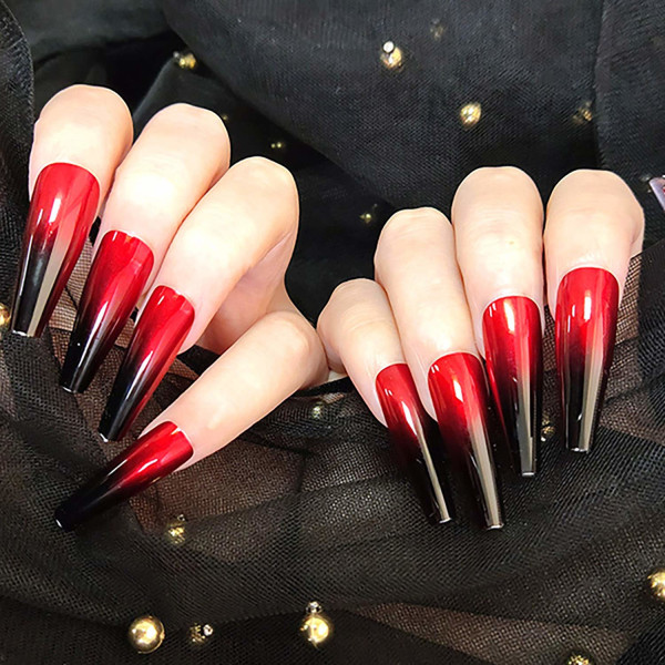 24 st Press on Nails Kista för kvinnor, extra långa falska naglar lim på naglar, lösnaglar Black Mixed Red