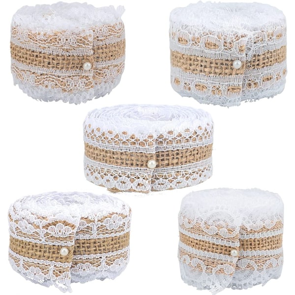 Jutegarn och säckvävsband med spets för oförglömlig heminredning, 2,5 cm bredd ger en rustik charm, vit spets ger en touch av elegans,