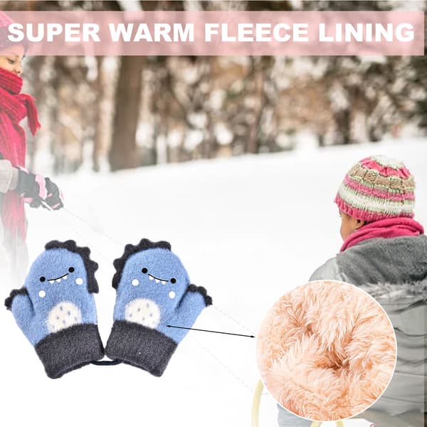 Barnvantar med snöre, tecknade, stickade, varma, ullfodrade snöhandskar för barn