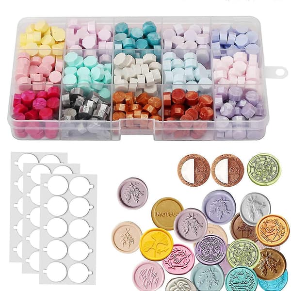 Selvklebende prikker for vokssegl, 200 stk. selvklebende voksseglbakside for voksforsegling, 15 farger og 375 stk.