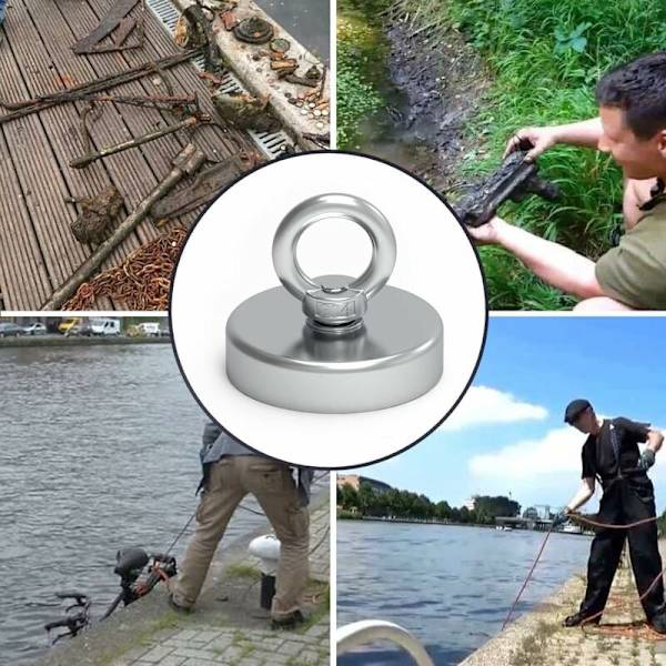 Superstark neodymmagnet 300 kg, perfekt för magnetfiske, Ø 90 mm med neodymmetallspänne
