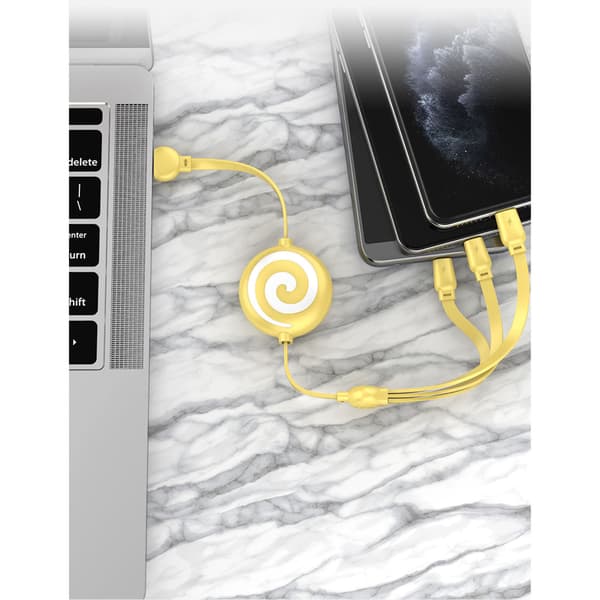 3 i 1 USB-opladerkabel Lollipop-form Strækbar Hurtig Opladning Telefonkabel til IOS til Android til Huawei, Gul