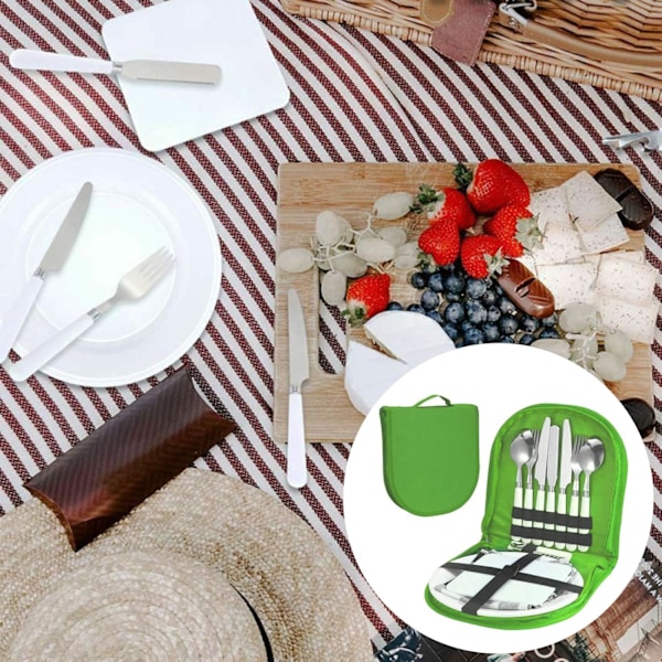 Picknick &amp; Campingkompis, Matlåda med Bestickorganisatör - Perfekt för Utomhusäventyr, Rostfri Tallrik &amp; Gaffel Servett, Canvas och