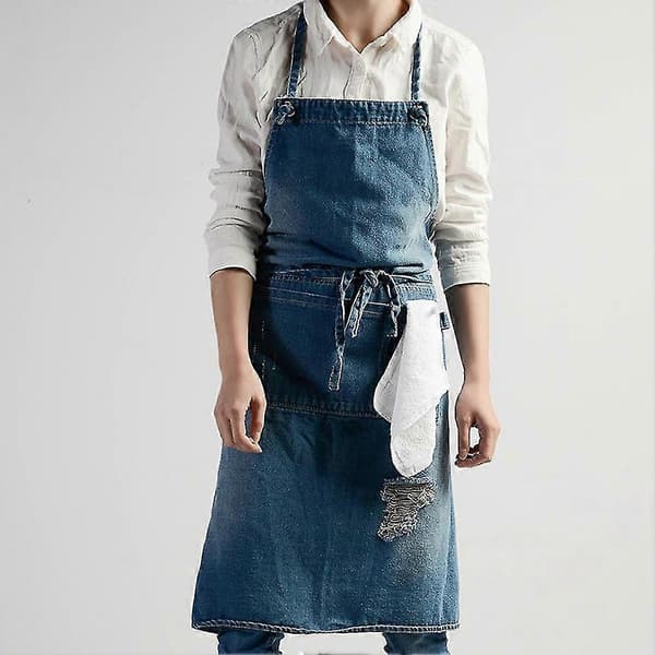 1 Denim Forkle Halter Bib Med Lommer For Baking, Maling, Hagearbeid, Rengjøring, Mørkeblå