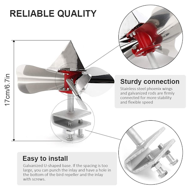 Fugleskremmer i rustfritt stål med vindkraft, 360 graders reflekterende fugleavvisende lokkefugl, utendørs hage og frukthage skadedyrkontroll