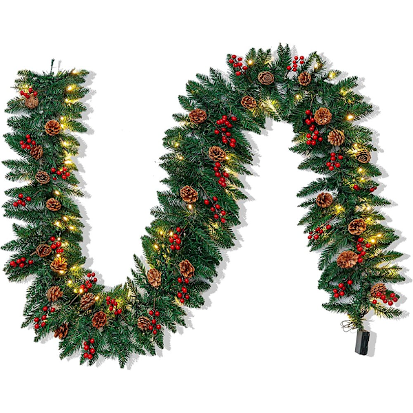 2,7 meter förbelyst julgirlang med 100 LED-lampor, 27 tallkottar, 27 röda bär, batteridriven timerfunktion, naturligt utseende julstämning