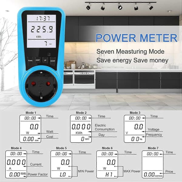 Stikkontakt energimåler, strømforbruksmåler wattmeter med LCD-bakgrunnsbelysning og 7 overvåkingsmoduser