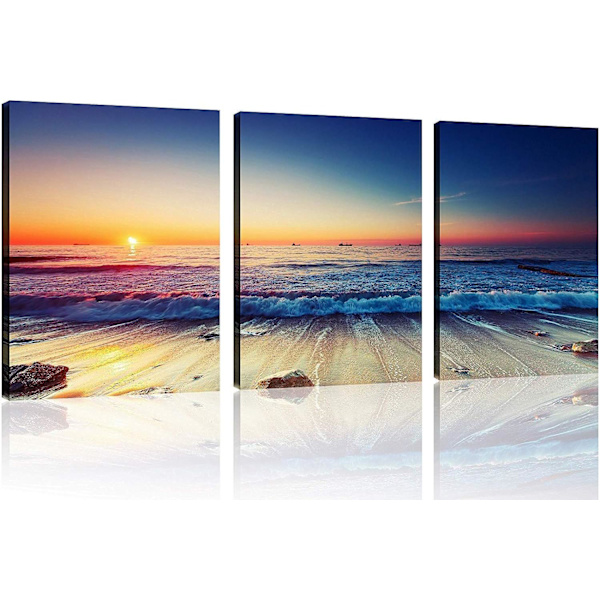 3-Panel Strand Canvas Væghængning til Hjemmedekor Blå Hav Solnedgang Whi