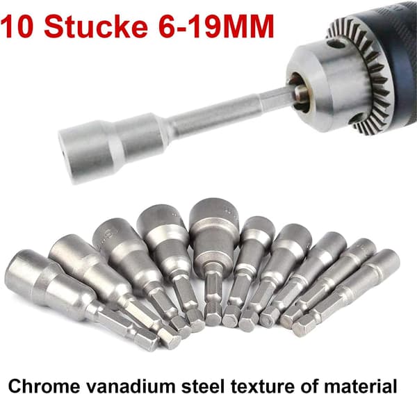 10 stk. 6-19mm Skruetrækker Sokkel - Bits Adapter, Hex til Håndbor
