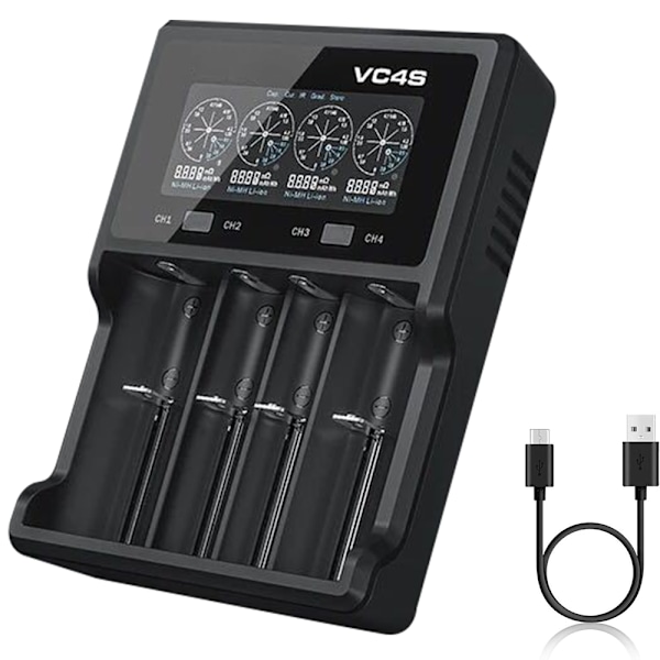 VC4S Batterilader 4 Slots Li-ion Hurtiglader med 18W Væglader Max 3A til 10440 16340 18650 20700 21700 32650 AAA /AA/ C Batterilader
