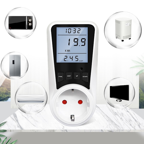 Koldioxidmedveten energimätare, digital monitor för energibesparingar, noggrann spårning av spänningsfrekvens, bakgrundsbelyst display, överbelastningsskydd för
