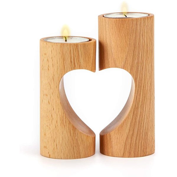 Tealight-ljusstake, ljusstakar i trä för bord, set med 2