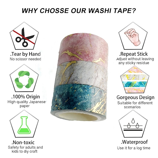 Washi-tejp - Marmortextur Washi-maskeringstejpsats med guld