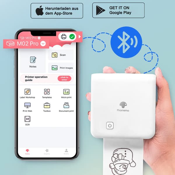 M02 Pro 300 DPI Mini Termisk Printer, Bluetooth Fotoprinter til Mobiltelefon, Kompatibel med 15, 25, 53 mm Papir, til iOS og Android, Ideel til