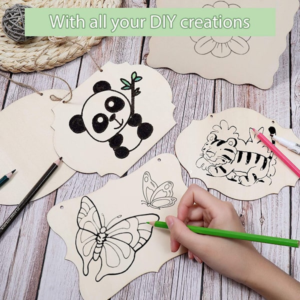 12 Uafsluttede Hængende Træskilte Rektangel med Reb til Pyrografi, Maleri, Skrivning, Dekoration, DIY Håndværk, 6 Designs