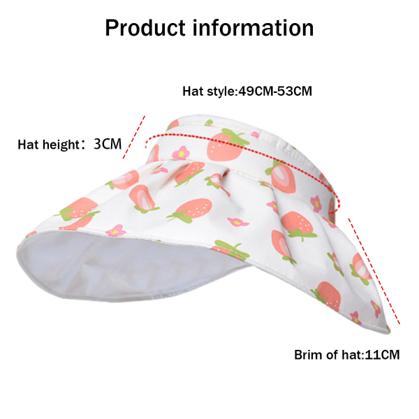 Solhatt for barn, rullbar solskjerm, polka-dot og frukttrykk