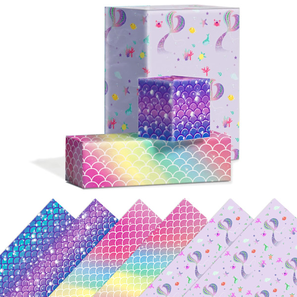12 stycken sjöjungfru presentpapper - rosa*2+regnbåge*2+havsblå*2+lila*2