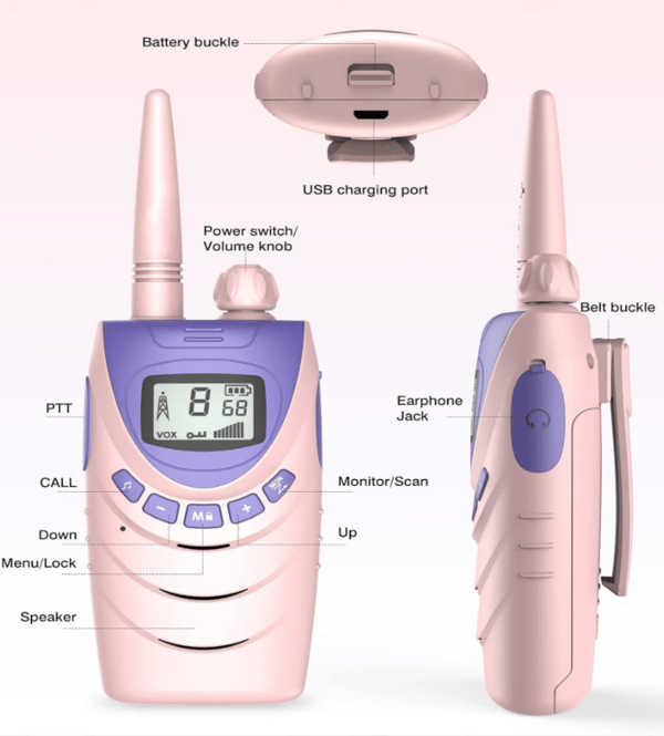 2-delt sæt af lyserøde walkie-talkies til børn, genopladelige, 8-