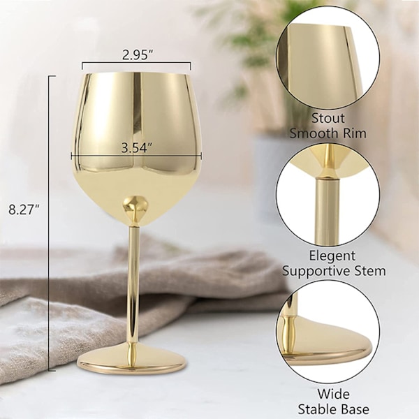 2 st 18oz Guld vinglas, 18oz Okrossbar Stålvinglas, Splittersäkert Metallvinglas för Utomhus, Picknick, Fest (GULD)