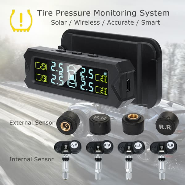 Däcktrycksövervakningssystem, trådlöst solcellsdrivet TPMS med 5 larm M