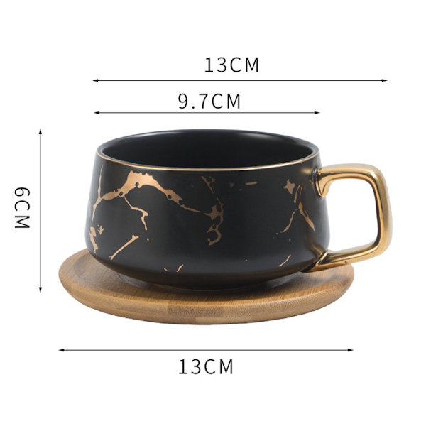 Cappuccino kaffekop med tallerken, 300ml porcelæn espresso kaffekop te kaffe cappuccino, kaffekop med træbakke - sort.