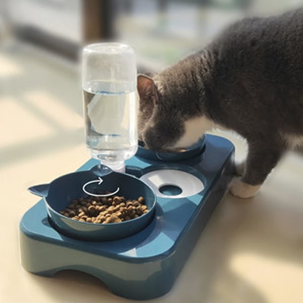 Katteskåler, Dyreskål, Dyreskål, Katteskål for Vann og Mat 3 i 1 Automatisk Vannutdeler Perfekt Tiltbar Beskyttende Hals for Katt og Hund (Blå)