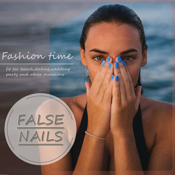 Blå Falska Naglar Långa Press on Fake Nail Square Akryl Falska Naglar Artificiella Full Cover Naglar för Kvinnor och Flickor(24Pcs)