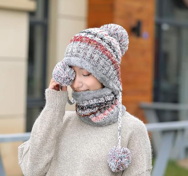 Grått hatt+skjerfsett strikket hatt skjerfsett for kvinner vintervarme th