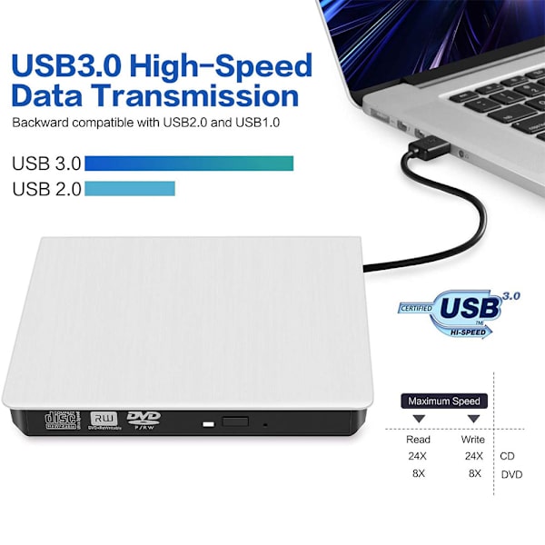 Ulkoinen CD DVD-asema, USB 3.0 Kannettava CD DVD +/-RW Asema Ohut