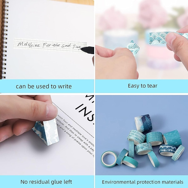 Washi Tape Set med 12 rullar, Blå Havsvåg Dekorativ Washi