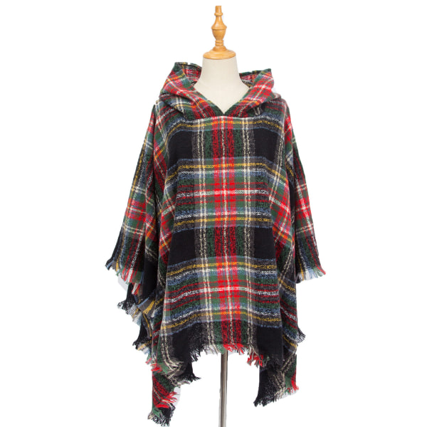 Women's Plaid Hooded Cape Shawl Blanket Poncho Hoodie Cape