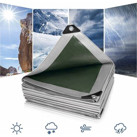 Bache de Protection PE Bache Piscine 3x3m 280g/m2,Couverture étanche bache imperméable et indéchirable, Gris/Vert