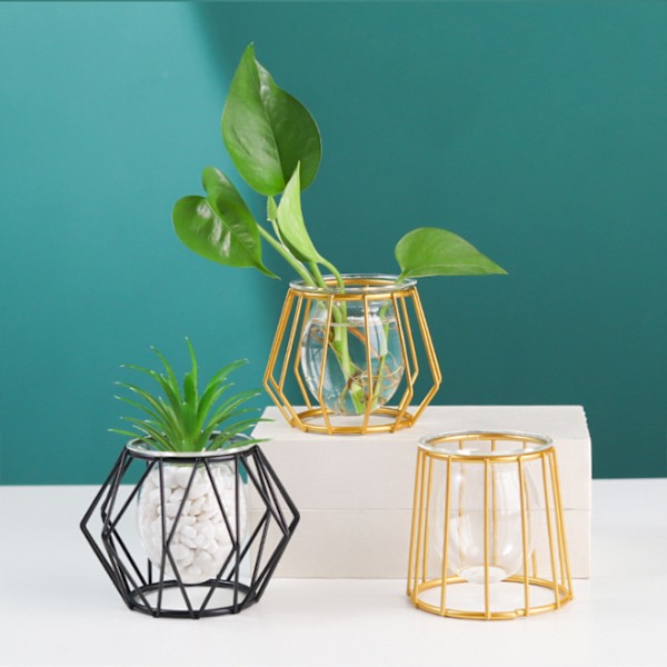 Klar glasvas med metallgeometrisk vas för hydroponik modern heminredning bordsvasdekoration