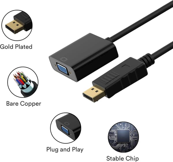 1080P(Musta) DP - VGA-sovitin, kullattu DisplayPort - VGA Co