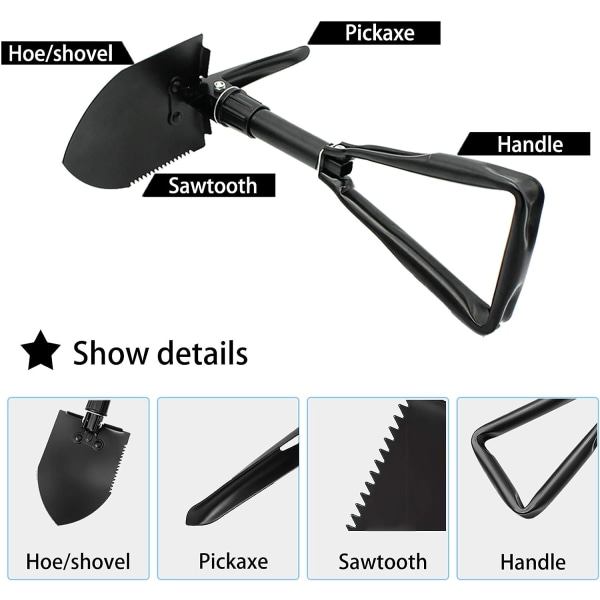 Camping Multifunksjonell Folding Spade, Avtakbar Bærbar