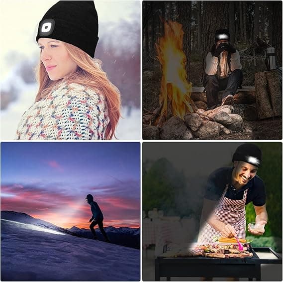 Blå lue med lys, med LED-strikkelue foran og sterkt frontlys