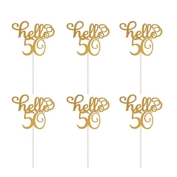 6 stk. \"Hello 50\" Glitter Kakepynt Dekorativ Bursdag Cupcake Dekor Dessert Topper (Gull)