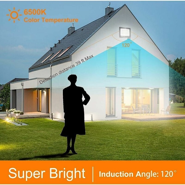 Superstark LED-strålkastare för utomhusbruk, rörelsesensor säkerhetsbelysning med förbättrad detektering, energieffektiv strålkastare för uteplatser och väggar