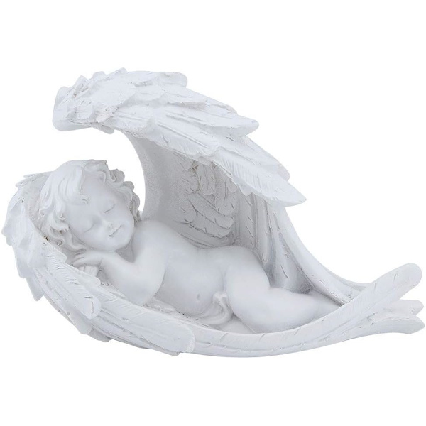 Mindegave, Sovende Baby på Englesvinger Figur, Polyresin, Vejr- og Frostbestandig, Ornament