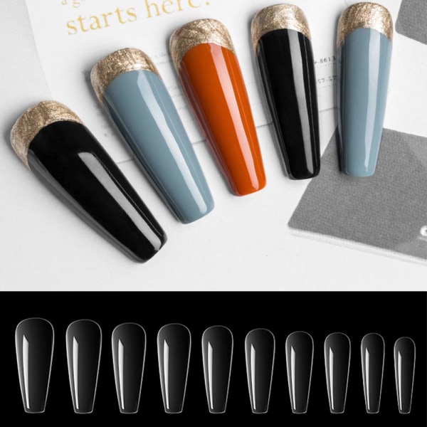 500 Stücke Acryl Künstlich Nagelspitzen Falsche Nagel, Natürliche Nageltips mit Klar Box, Lange Sargform, 10 Größen