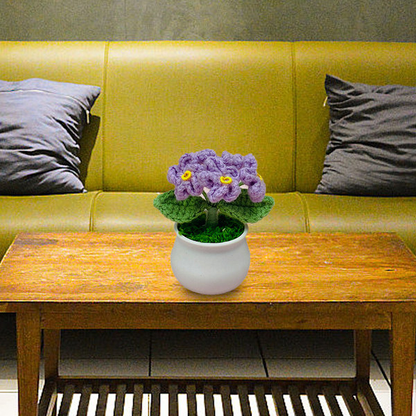 Lilla Håndlagde Heklede Blomster Forglemmegei-Små Blomsterpotter, Simulerte Kunstige Blomster Små Ornamenter for Hjemmekontor Skrivebordsdekorasjoner