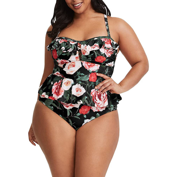 Kvinnor med hög midja Plus Size Baddräkter Bikini Blommig Peplum Tan Foral (Black) XX-Large