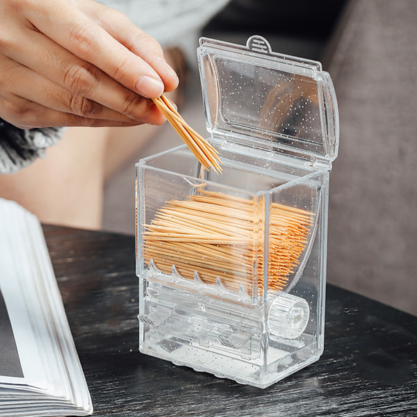 Tandpetare Dispenser Kreativ Klar Knopp Switch Akryl Tandpetarhållare Automatisk Tandpetare Låda för Bord Kök Hem Restaurang Fest