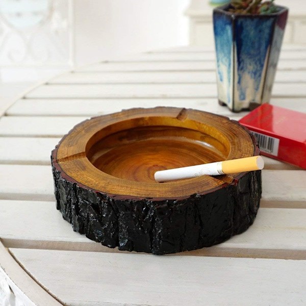 Cigarraskfat i trä för män, Elegant konst & dekoration 14 cm runt, Hållbar askkopp i massivt trä för hem, kontor, utomhusbruk