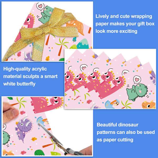 6 stykker dinosaur gavepapir - Stor Dinosaur * 2 + Tjekket Dinosaur * 2 + Pink Dinosaur * 2