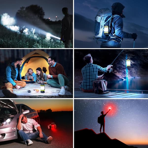 Campinglygte sæt med 2 stk, 6 lystilstande, 10 timers autonomi, bærbar, genopladelig, multicolor
